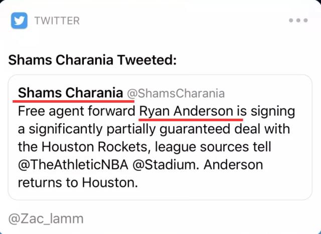 Shams：莱恩安德森与火箭签订了一份部分保障合同！