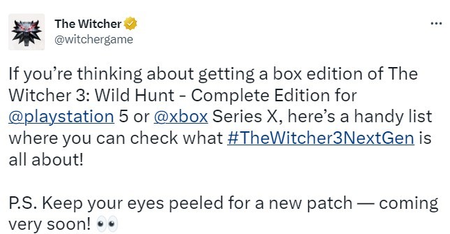 《巫师3》次世代实体版发售新补丁即将上线