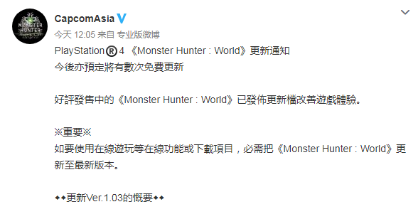 卡普空发布《怪物猎人:世界》更新通知 今后将有数次免费更新